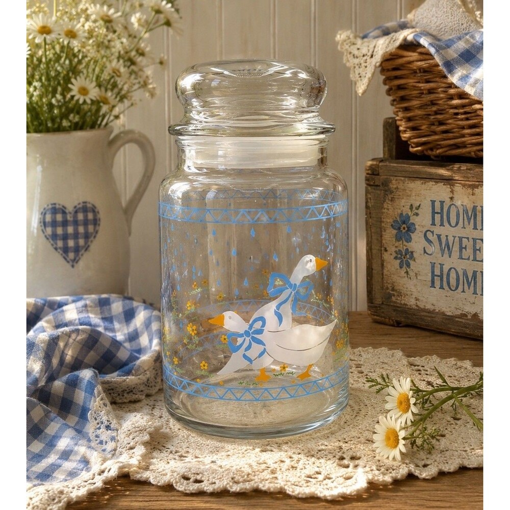 Vintage Anchor Hocking Country Geese Glass Canister w/Lid 7" Blue Bows 1987